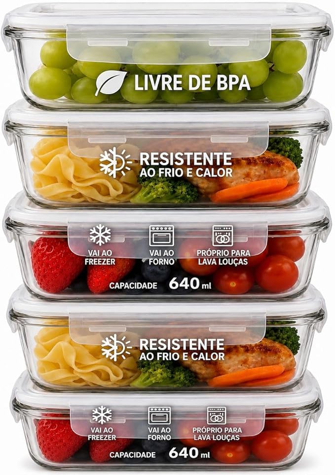 Kit 5 Potes de Vidro Herméticos Retangulares, 640ml, Transparente, Tampa com Trava, Livre de BPA, Ideal para Marmitas