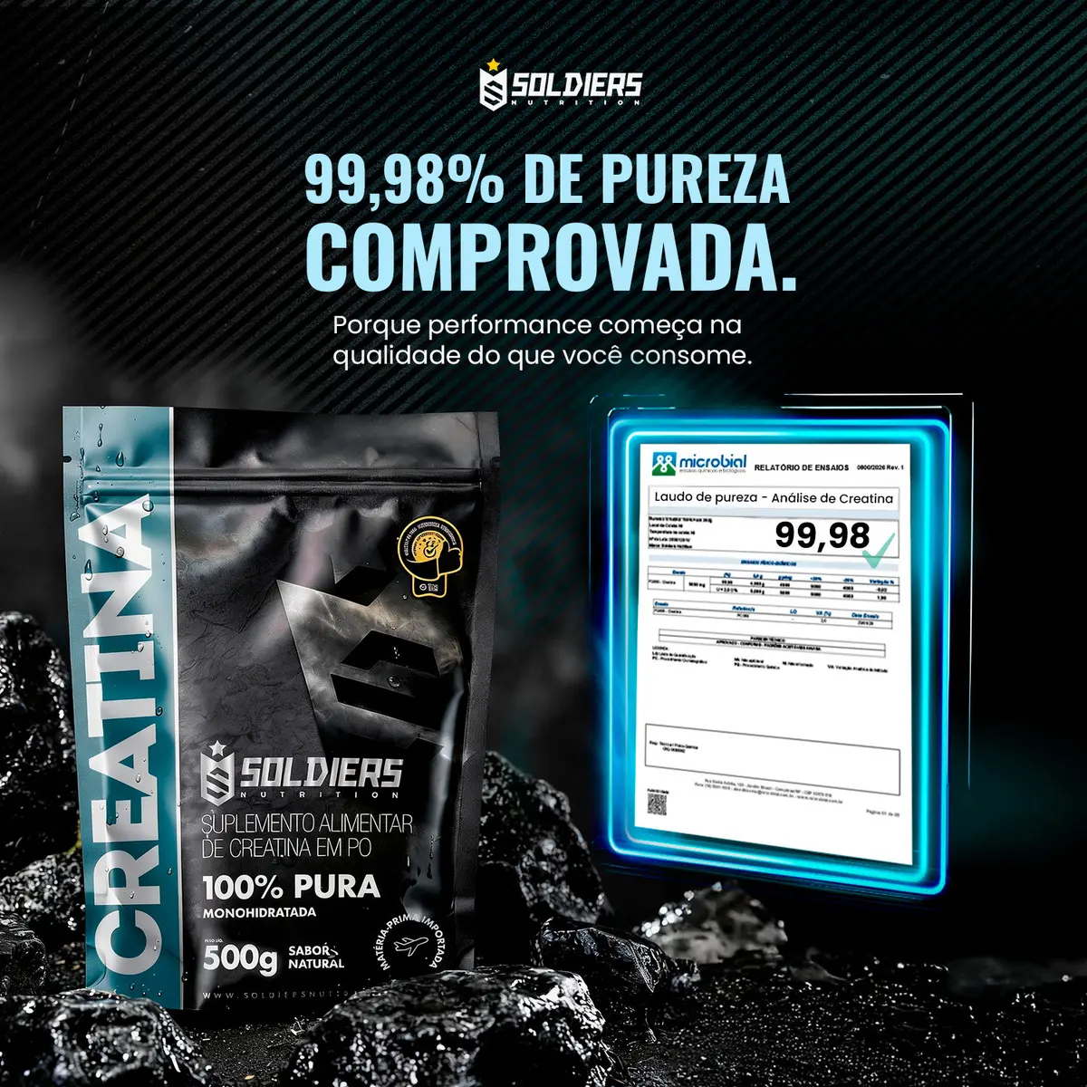 Detalhe da embalagem de Creatina Soldiers Nutrition