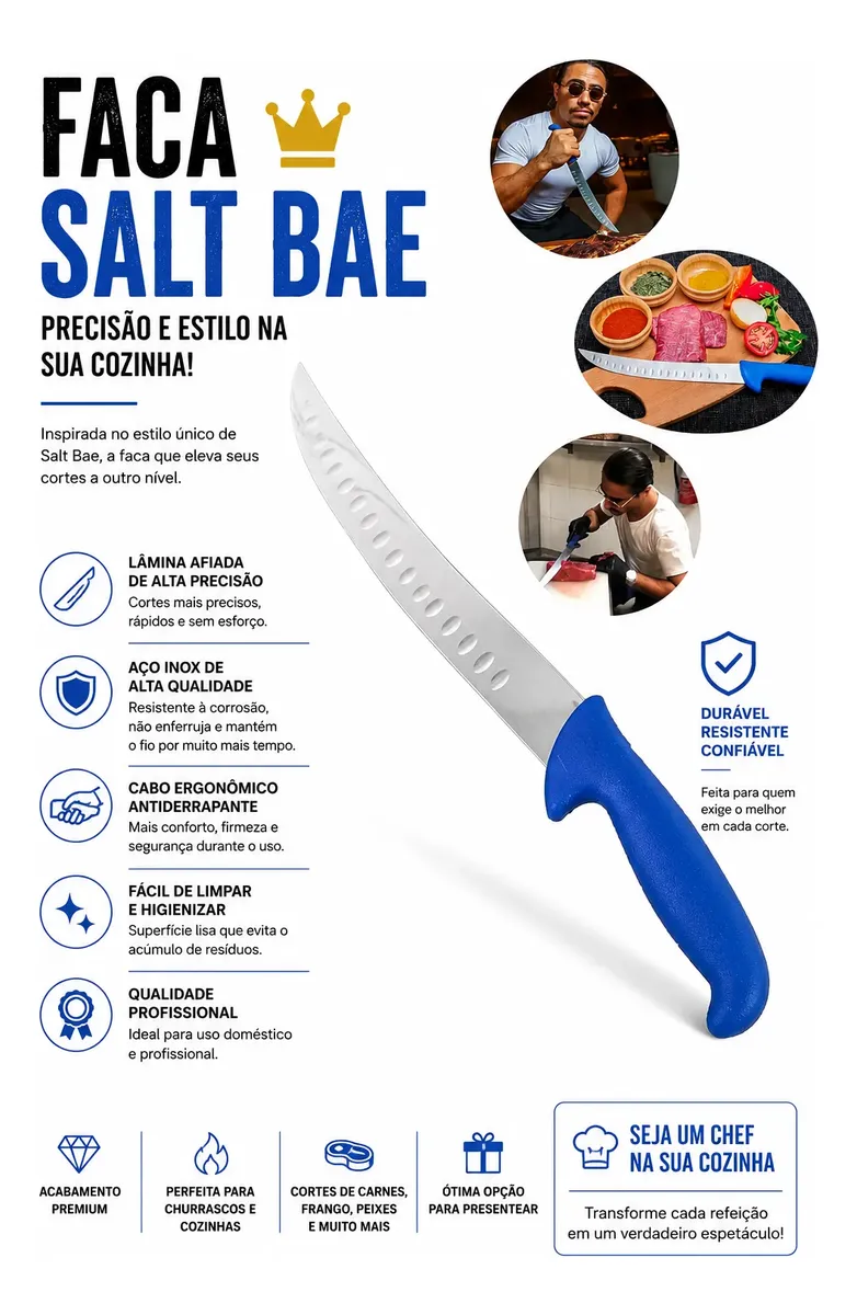 Faca de Churrasco Salt Bae Profissional Aço Inox 40cm