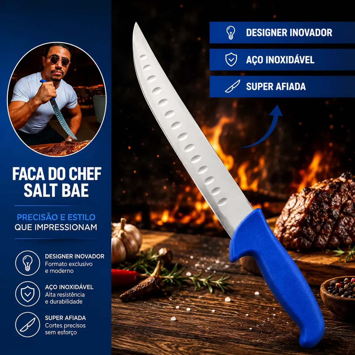 Faca de Churrasco Salt Bae Profissional Aço Inox