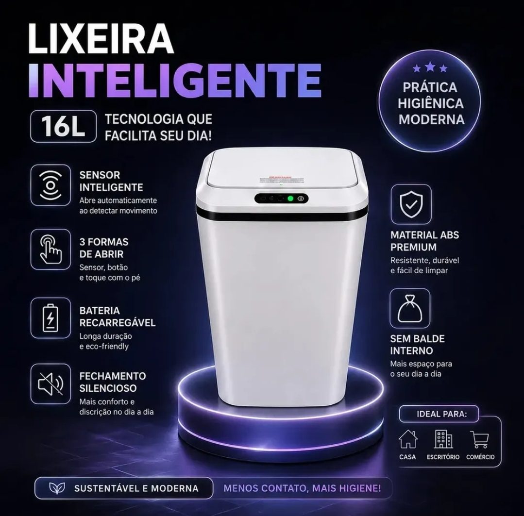 Lixeira Automática Sensor Inteligente Recarregável USB para Escritório e Casa
