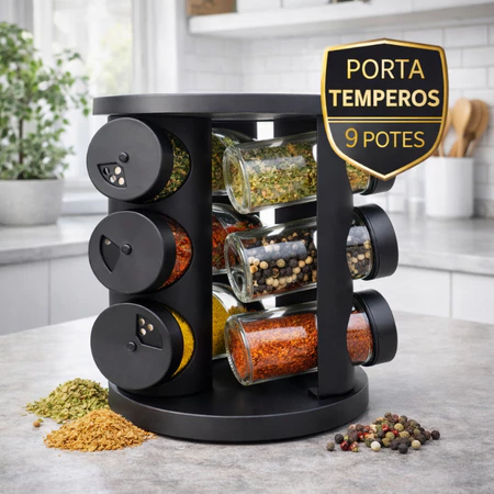 Porta Condimentos Temperos Giratório 9 Potes Vidro Tampa Dosadora Preto