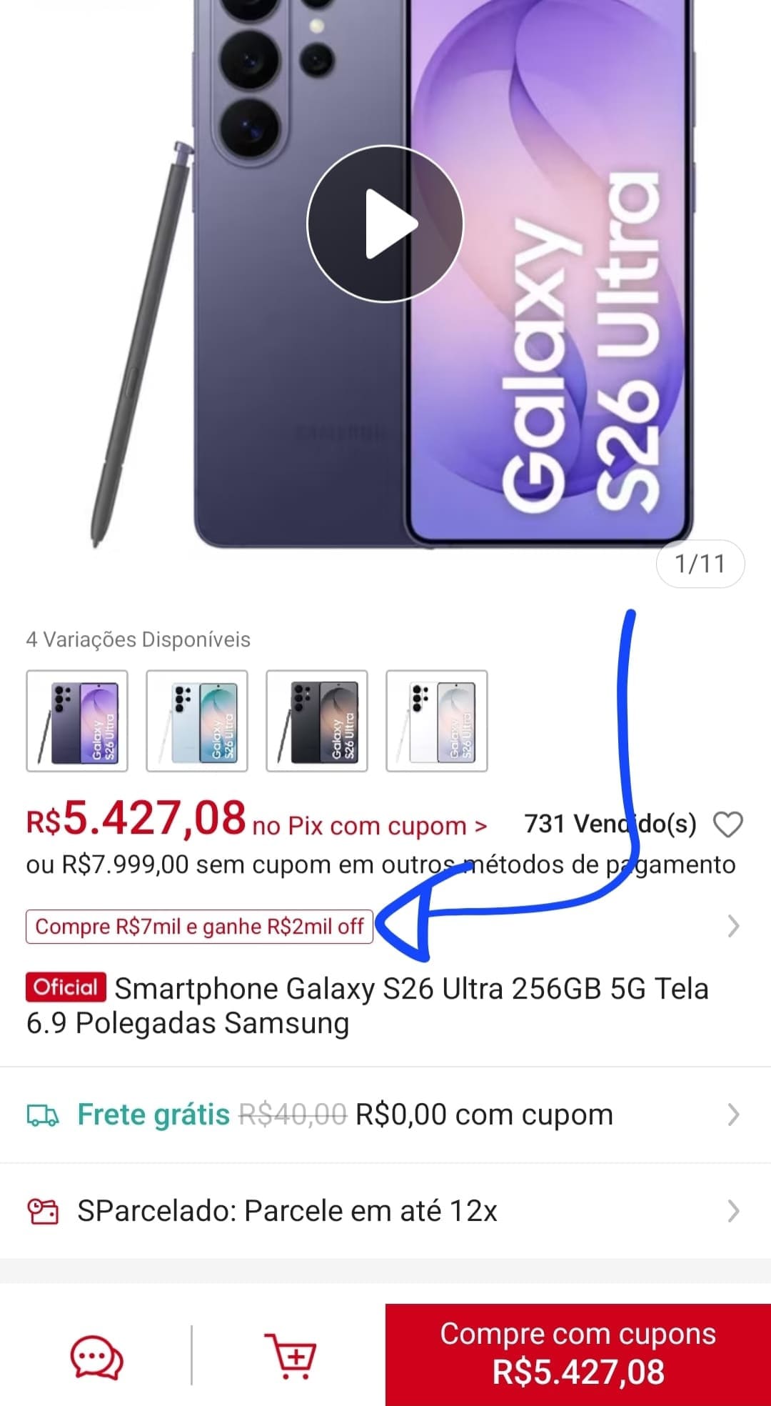 Smartphone Galaxy S26 Ultra 256GB 5G Tela 6.9 Polegadas Samsung