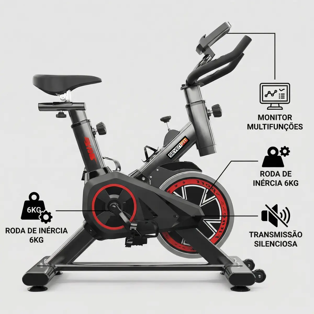 Bicicleta Ergométrica Bike Spinning 6kg Sensação inércia Fitness Preto e Vermelho Sevenfit Para Cardio E Musculação