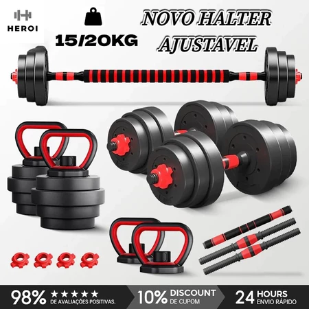 Kit Academia em Casa 15kg Halteres Ajustáveis,Inclui Barra Longa e Presilhas de Segurança