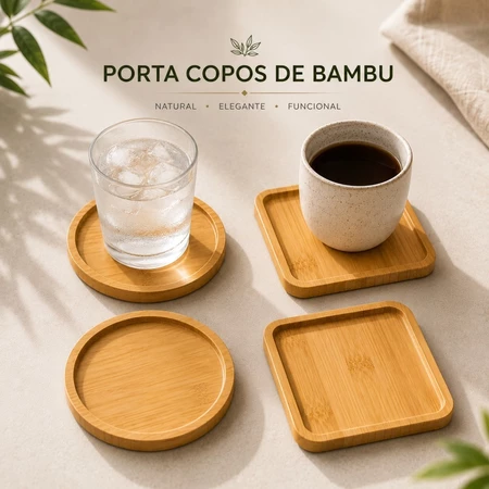 Kit apoio de copo Porta Copos + Suporte Bambu ( 2, 4 ou 6 unidades ) Quadrado ou Redondo
