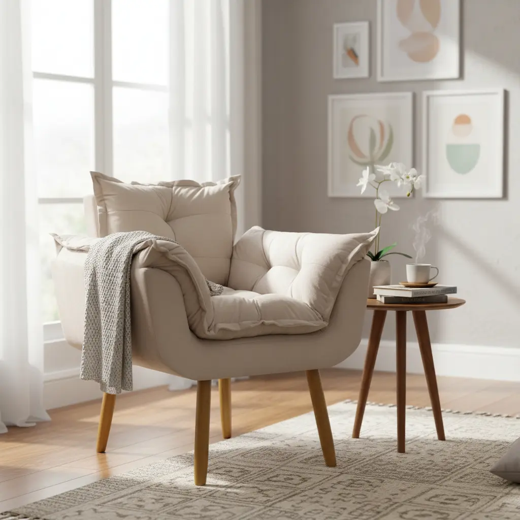 Poltrona Decorativa Reforçada Alice Suede Bege Liso