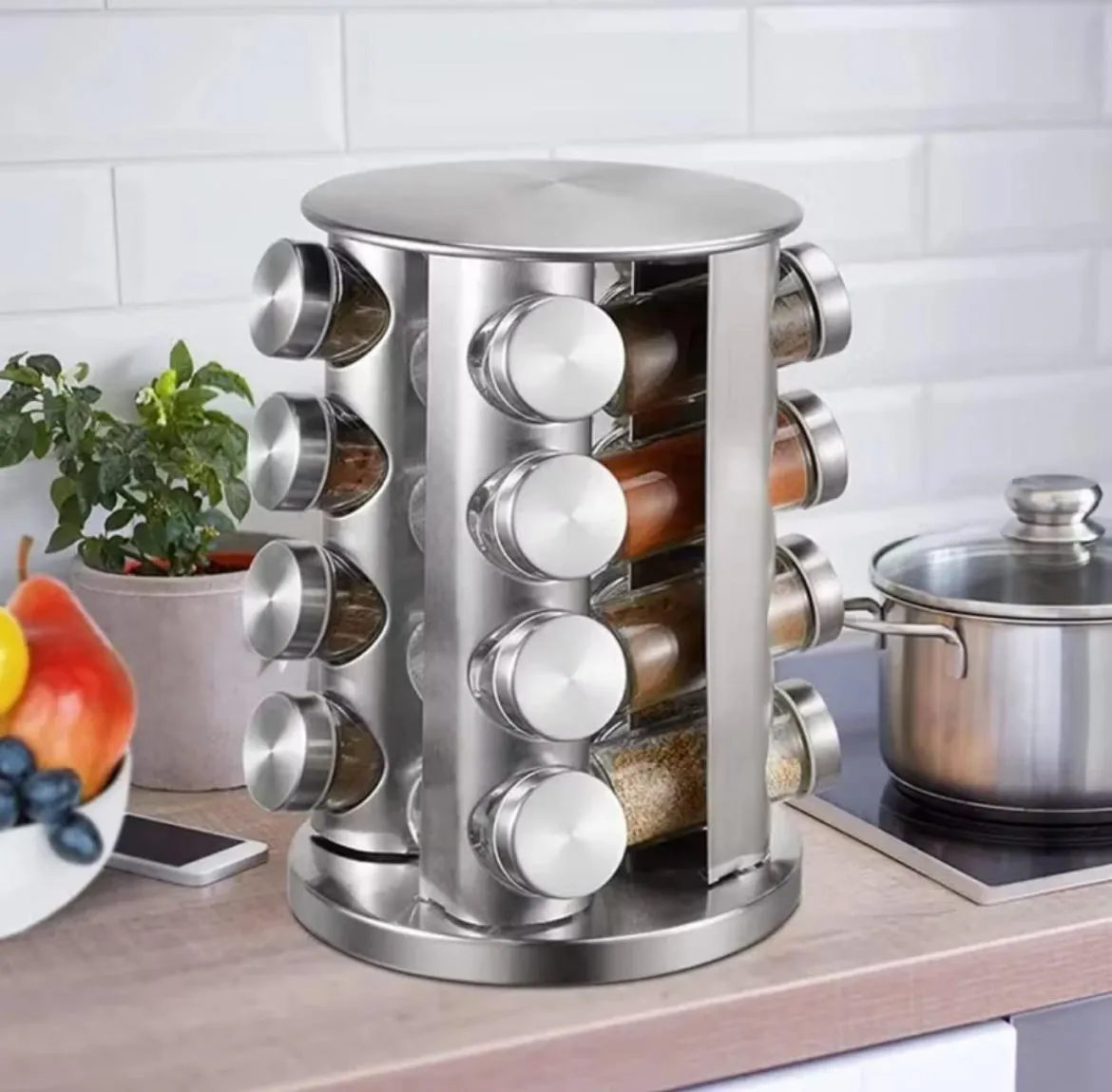 Porta Tempero Inox  Redondo 16 Potes Giratório